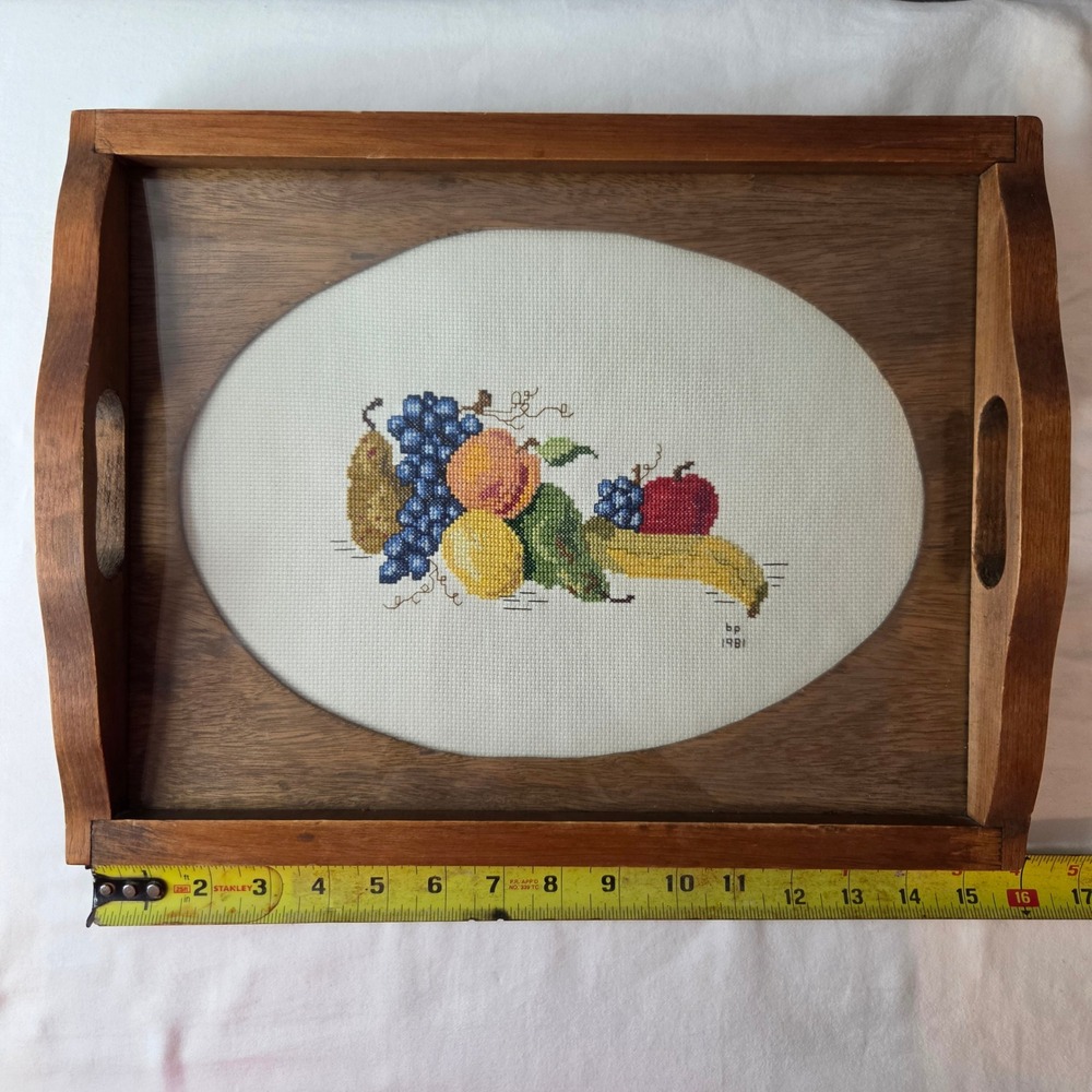 Vtg 1981 Hand Needlepoint Fruit Wood Serving Tray‎ Wall Art Glass Top 16x12